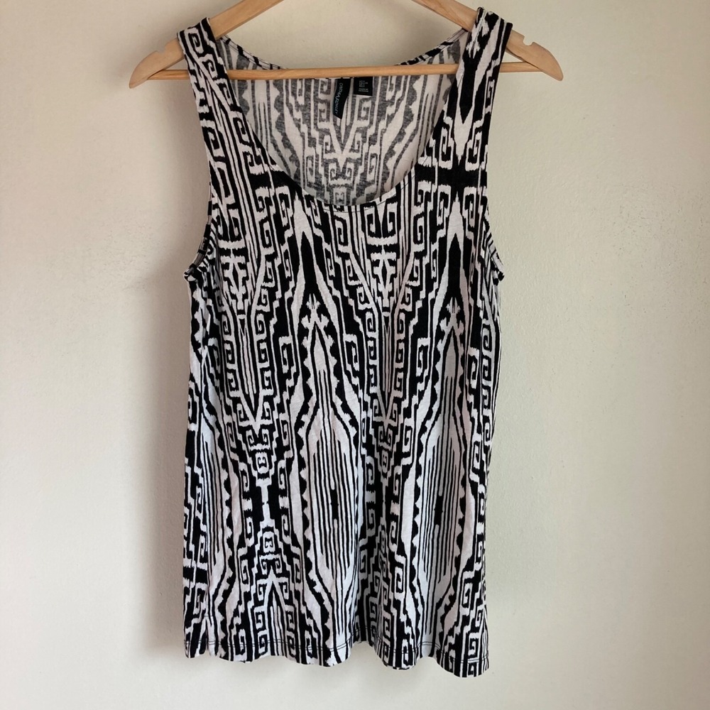 Cynthia Rowley Black White Geometric Tribal Ikat Tank Top Rayon Linen Size L